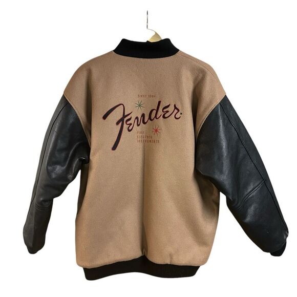 Rare Limited Edition Fender Guitar Cow Hide Wool Tan Black USA Varsity Large Jac - Picture 1 of 12